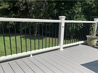 <b>White Trex Composite Railing with black round aluminum balusters and white eyeball light on post</b>